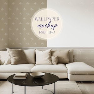 Wallpaper Mockup PSD, Wall Mural Photoshop Template, Boho Interior Wall Design Mock-up, Wallpaper Swatch Insert Display Smart Object Mockup