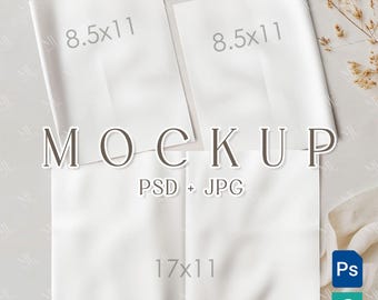 Puede incluir: Maquetas de papel blanco con el texto "MOCKUP" y dimensiones de 21,6x27,9 cm y 43,2x27,9 cm. La imagen incluye indicadores de tipo de archivo PSD y JPG, junto con los logotipos de Photoshop y Procreate. El fondo es de un color claro y neutro.