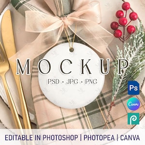Christmas Round Ceramic Ornament Mockup PSD PNG, Holiday Gift Decoration Mockup, White Blank Circle Ceramic Ornament Template Canva
