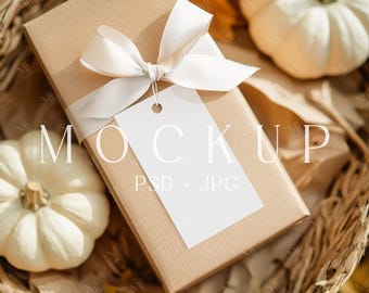 Fall Gift Tag Mockup, Present Hang Tag PSD Template, Branding & Thank You Labels Mockups