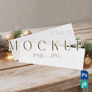 Holiday Gift Voucher Ticket 8.5x2.75 Mockup, Favor Certificate Card Mockup PSD for Christmas