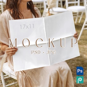 Large Newspaper Mockup PSD, Folded Paper 17x11 Paper Mockup, Wedding Program or Magazine Layout Template, Newspaper Journal Mock-ups