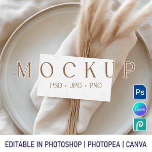 Mockup de cartão de lugar de casamento Boho, mockup PSD de etiqueta de nome personalizada, modelo de cartão de mesa de chá de bebê PNG Canva, mockup de papelaria de casamento minimalista