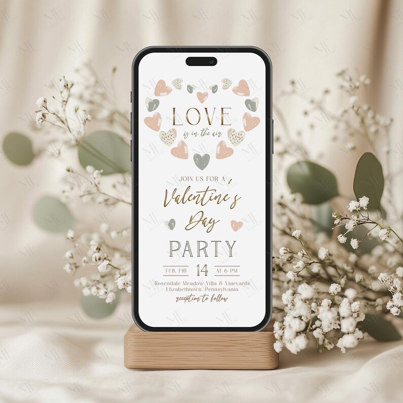 Op de afbeelding: Een digitale uitnodiging voor een Valentijnsdagfeest. De uitnodiging heeft een hartvorm gemaakt van roze en grijze harten met de tekst "LOVE is in the air" in het hart. De tekst "JOIN US FOR A Valentine's Day PARTY" staat onder het hart. De datum en tijd van het feest zijn vermeld als "FEB FRI 14 AT 6 PM". De locatie is vermeld als "Rosendale Meadow Villa & Vineyards, Elizabethtown, Pennsylvania". De tekst "reception to follow" staat onderaan de uitnodiging.