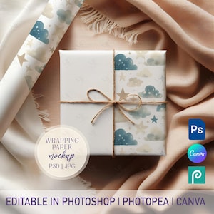 Wrapping Paper Mockup PSD, Gift Wrap Mock-up with Rolled & Wrapped Present, Minimalist Wrapping Paper Roll Mockup, Flat Lay Boho Mockup