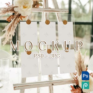 Mockup stoelenkaart, plaatskaartdisplay PSD, acrylschildersezel bruiloftsplan mockup, stoelkaartmodel, stoelenkaart set zes kaarten van 5 x 7 kaarten