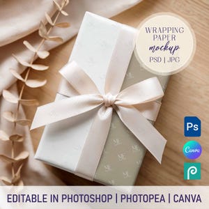 Gift Wrap Mockup Canva, Wrapping Paper and Favor Box PSD Mockup, Gift Box Pattern Paper Design Mockup,  Bohemian Wrapping Paper Mock-up