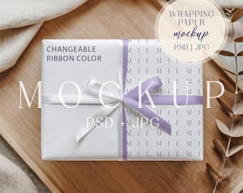 Wrapping Paper Mockup, Gift Box Editable Ribbon Color PSD, Present Packaging Favor Wrap Mock-up