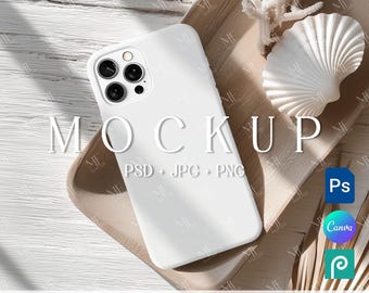 Phone Case Mockup, iPhone Tough Case Template, Beach Smartphone Mock up PSD PNG Canva