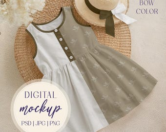 Girl Dress Mockup, All-Over Print Dress Mockup, Summer Dress Mockup PSD, Aesthetic Clothing Mockup Display, Realistic Little Kids Mockup