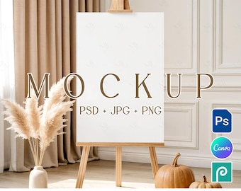 Fall Welcome Sign Mockup, Autumn Easel Poster Seating Chart Template, Halloween Backdrop Mock-ups
