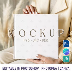 Square Wedding Guest Book Mockup, White Boho Hardcover Journal PSD PNG, Photo Album or Memory Book Canva Mock-up, Planner Cover Book Mockup