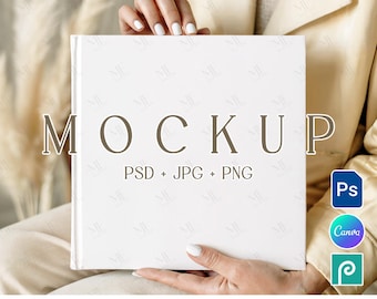Mockup di libro degli ospiti quadrato per matrimonio, diario con copertina rigida Boho bianco PSD PNG, album fotografico o libro dei ricordi Canva Mockup, mockup di libro con copertina per planner