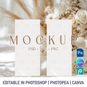 Mockup bruiloft dinermenu, 4 x 9 boho-programmakaartmodel, twee kaartenmenumodel PSD PNG, minimalistisch menu- of evenementprogramma Canva-model