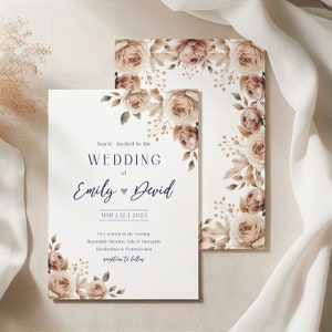 May include: Wedding invitation featuring a floral design. The invitation is white with brown and beige flowers and greenery. The text reads "You're invited to the Wedding of Emily & David MAR | 12 | 2025 Five o'clock in the evening Rosendale Meadow Villa & Vineyards Elizabethtown, Pennsylvania reception to follow"
