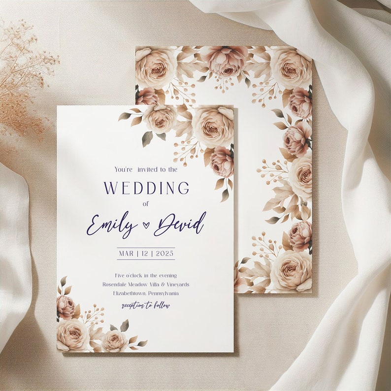 May include: Wedding invitation featuring a floral design. The invitation is white with brown and beige flowers and greenery. The text reads "You're invited to the Wedding of Emily & David MAR | 12 | 2025 Five o'clock in the evening Rosendale Meadow Villa & Vineyards Elizabethtown, Pennsylvania reception to follow"
