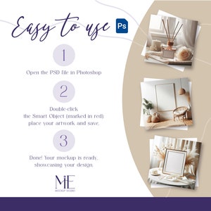 May include: An instructional graphic with the text "Easy to use" and steps for using a PSD file in Photoshop. The image features three mockups of framed art and decor, demonstrating design applications. The ME Mockup Studio logo is at the bottom.