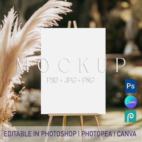 Wedding Welcome Sign Mockup, Boho Easel Poster 18x24 Seating Chart PSD Canva Template