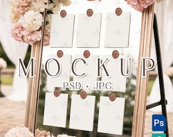Mirror Seating Chart Mockup, Place Card Mockup, Wedding Seating Plan PSD, Mirror Seating Cards Display PSD Mockup, Banner Sign Mockup
