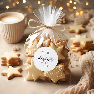 Boho Cookie Favor Label Mockup, Biscuit White Sticker Label, Holiday Cookie Sticker Mockup, Christmas Gift Bag Label PSD, Round Tag Mockup