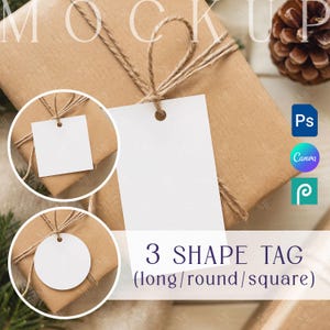 May include: A mockup of a wrapped gift with a white rectangular tag tied with twine. The image also shows a square and round tag, and the text "3 Shape Tag (long/round/square)". A pine cone is in the background.