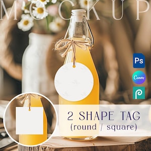 Juice Tag Mockup PSD PNG, rundes oder quadratisches Flaschenetiketten-Mockup, Branding-Saftflaschen-Mockup, bearbeitbares Juice Tag-Mockup
