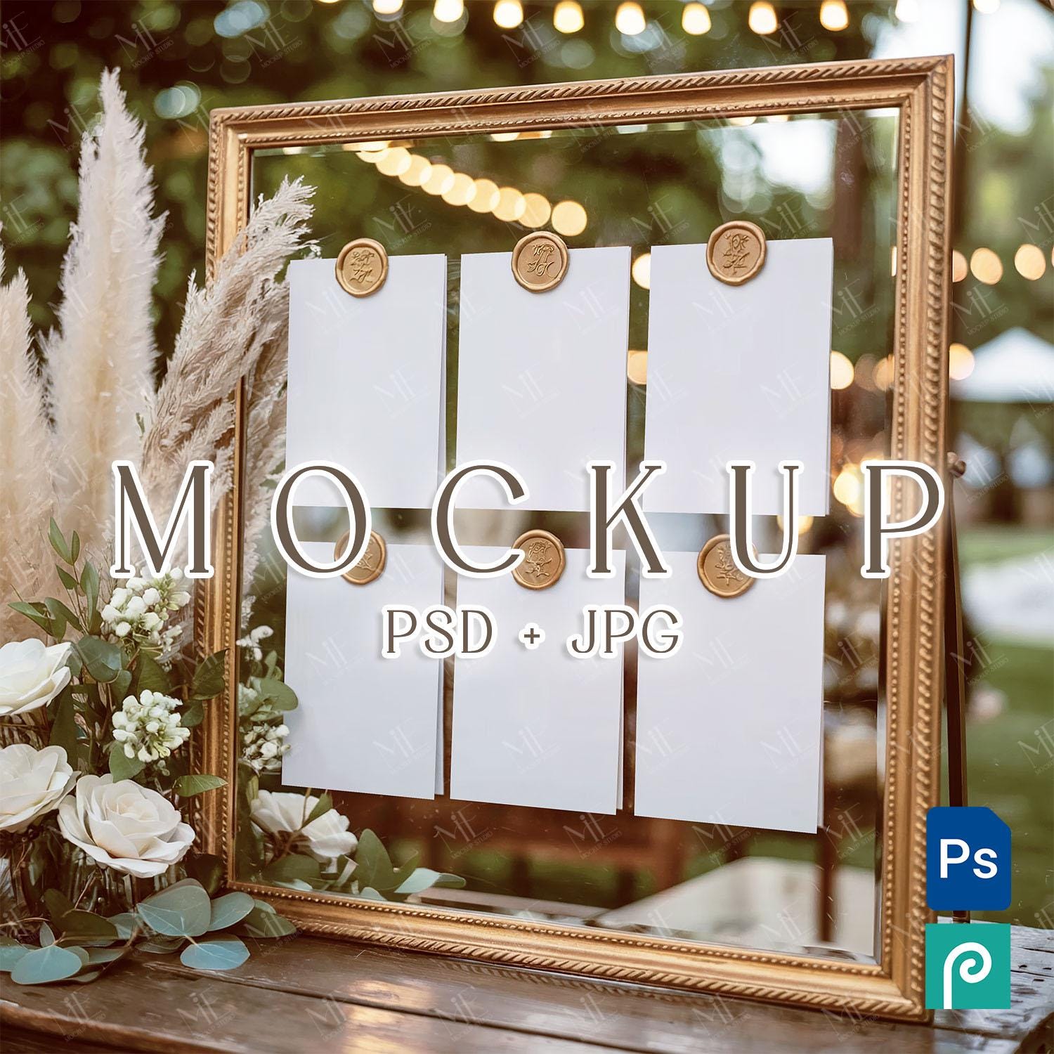 Wedding Seating Chart Mirror Mockup Set, Elegant Place Card Mockup, Boho Wedding Table Chart Mock-up PSD, Six Card Mockup 5x7 Bundle