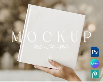 May include: A white book mockup with the word "MOCKUP" in large, capital letters. The text "PSD + JPG + PNG" is below the word "MOCKUP". The text "EDITABLE IN PHOTOSHOP | PHOTOPEA | CANVA" is at the bottom of the image.