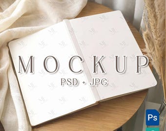 Mockup de diário aberto, modelo PSD de caderno de capa dura, exibição de capa de livro e agenda