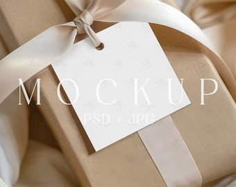 Boho Gift Tag Mockup, Empty Favor Tag Mockup, 3x3 Thank You Tag Mockup, Square Gift Tag Mockup, Holiday Tag Mockup, Gift Box Tag Mockup PSD
