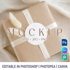 May include: A wrapped gift box in brown paper, tied with a cream ribbon. A white circular sticker with the word "MOCKUP" is on the box. The text "PSD + JPG + PNG" is below the word "MOCKUP". A sprig of dried flowers is on the box.