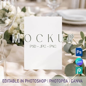 May include: A vertical white rectangular card mockup featuring the text MOCKUP PSD + JPG + PNG in the center. Below the card, the text reads EDITABLE IN PHOTOSHOP | PHOTOPEA | CANVA. The card is displayed with icons for Photoshop, Canva, and Photopea.