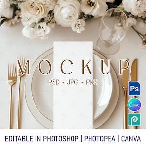 Karta menu 4x9 PSD, makieta programu weselnego, makieta karty miejsca, makieta podwójnej karty menu, makieta karty stołu boho, menu kolacji PSD PNG Canva