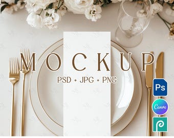 4x9 Menu Card PSD, Wedding Program Mockup, Place Card Mock up, Double Menu Card Mockup, Boho Table Card Mockup, Dinner Menu PSD PNG Canva