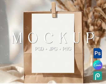 Maqueta de tarjeta en bolsa de papel, expositor de invitaciones, plantilla de tarjeta de invitación de 5x7 en Canva PSD