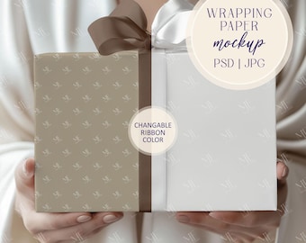 Wrapping Paper Mockup, Gift Box Mockup, Editable Ribbon PSD Template