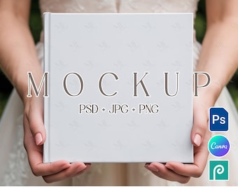 May include: A white square book mockup held by a person. The cover displays the word "MOCKUP" and the text "PSD + JPG + PNG". Icons for Photoshop, Canva, and Photopea are visible. The bottom text reads "EDITABLE IN PHOTOSHOP | PHOTOPEA | CANVA".