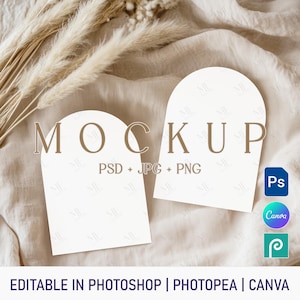 Mockup boogkaart, boho gebogen kaart PSD PNG, canvas mockup huwelijksuitnodiging, mockup fotoboogkaartweergave, mockup dubbele uitnodigingskaart