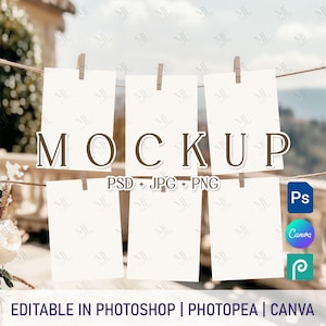 Sitzplan PSD PNG Canva Mockup, Bunner Card Mockup 5x7 Set, Boho Baby Shower hängende Fotokarten Mockup, Hochzeit Tischkarte Mockup