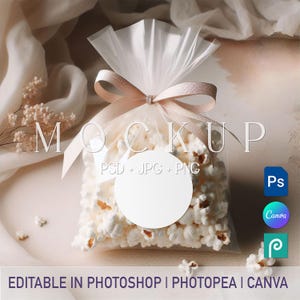 Popcorn Sticker Mockup PSD Canva, Party Favor Label Template, Round Food Gift Packaging Mock-up