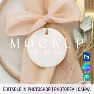Round Ceramic Ornament Mockup PSD PNG, Wedding Gift Ceramic Ornament Mockup Canva, White Blank Circle Ceramic Ornament Mockup