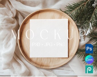 May include: A square white canvas mockup centered on a round wooden plate. The text MOCKUP and PSD JPG PNG are printed on the canvas. Below the plate, the text reads EDITED IN PHOTOSHOP | PHOTOPEA | CANVA. Icons for Ps, Canva, and Photopea are visible.