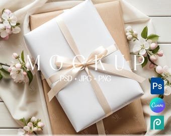 Spring Wrapping Paper Mockup, Wedding Gift Wrap PSD PNG, Present Packaging Mock-up Canva Template