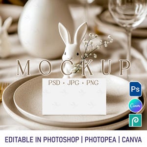 Mockup de cartão de lugar de Páscoa, modelo de cartão de nome de casamento, mockup de cartão de mesa de festa de chá de bebê, cartão de assento editável PSD, mockup de cartão de barraca Canva