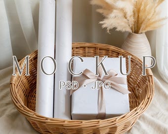 Wrapping Paper Mockup, Gift Box and Wrap Roll Template PSD Canva, Packaging Mockup