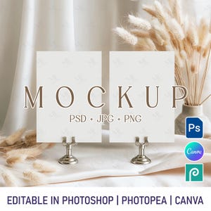 Maqueta de tarjeta con número de mesa para boda, maqueta de tarjeta doble de 5x7 en Canva y PSD, maqueta de tarjeta de menú de bar, maqueta de tarjeta de decoración bohemia minimalista
