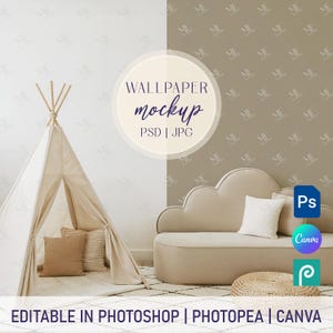 Kids Room Wallpaper Mockup, Interior Design Mockup, Wallpaper PNG Mockup, Mural Canva Mockup, Playroom Wallpaper Mockup, Drag and Drop PSD