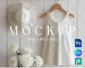Mädchenkleid und Hut Mockup, Sommer Kinder Outfit PNG, All-Over Print Kleid Canva, Kinder Couture Stoff Mockup, Kleidungsanzeige für kleine Mädchen PSD