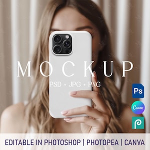 May include: A white phone case mockup held in front of a person. The phone case has a triple-lens camera. The word "MOCKUP" is displayed in large white letters. Text below reads "PSD + JPG + PNG". Additional text at the bottom says "EDITABLE IN PHOTOSHOP | PHOTOPEA | CANVA".