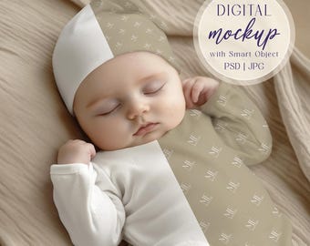 Baby Sleeper and Hat Mockup, Newborn Bodysuit PSD Template for Neutral Infant Outfit Design Display